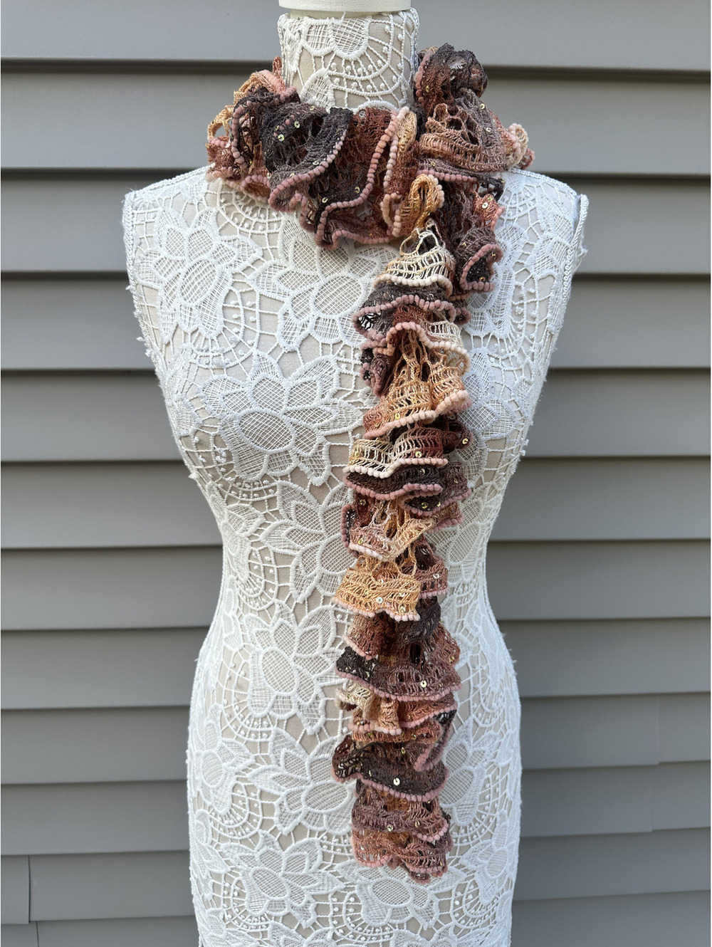 Handmade Bohemian Ruffled Crochet Scarf with Sequins Brown Pink Vintage